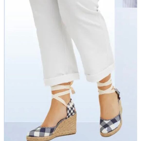 Draper James Shoes - Draper James Womens 9 Navy Blue White Gingham Wedge Espadrille Sandals Shoe NEW